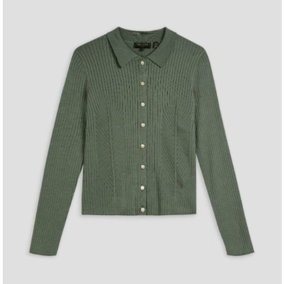 Ted Baker London Meenaa Cardigan Ribbed Top in Olive Green - Size 3 (US Medium) - Picture 1 of 12